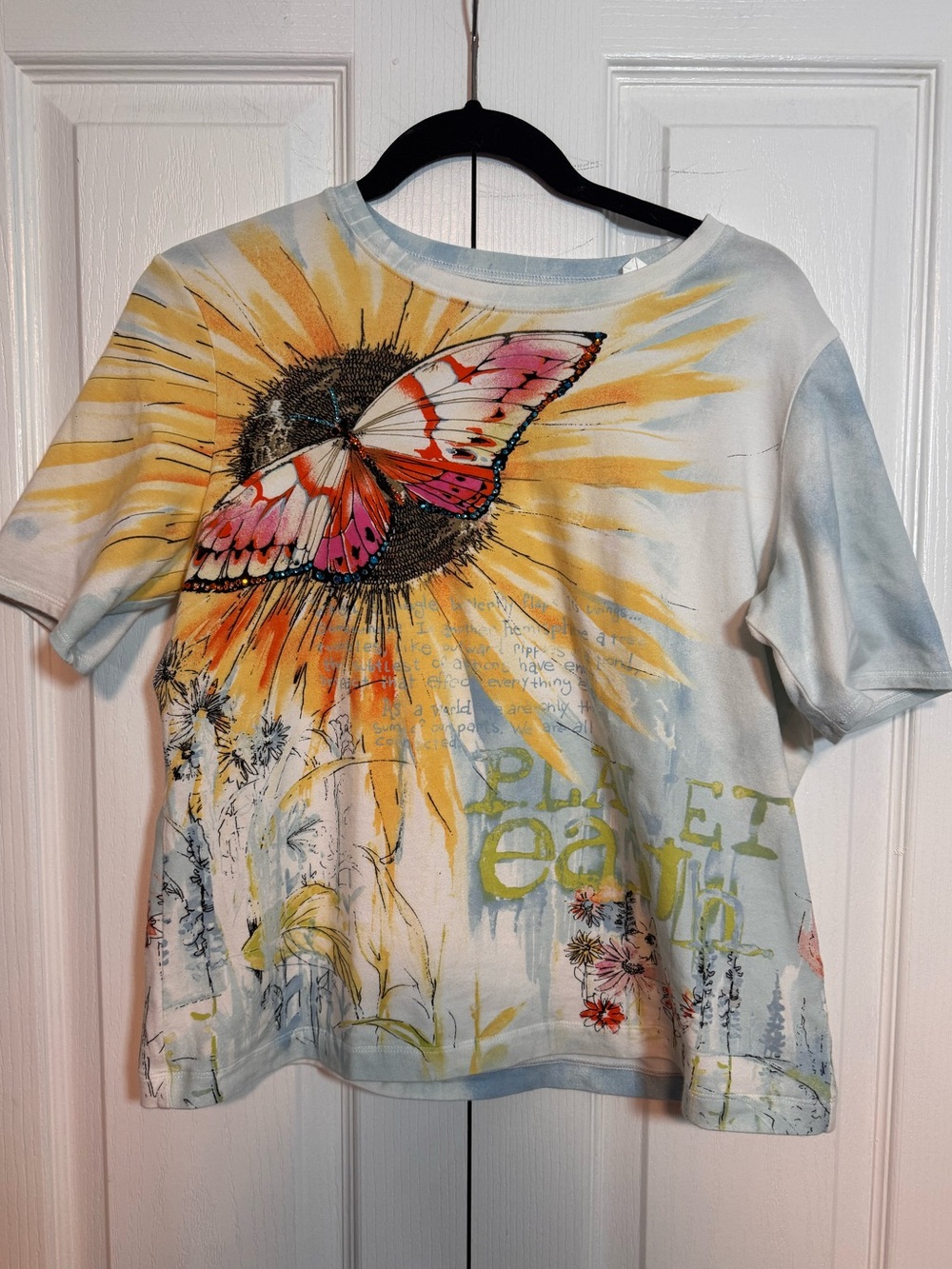 Chico’s butterfly planet earth bedazzled watercolor painting shirt size 2